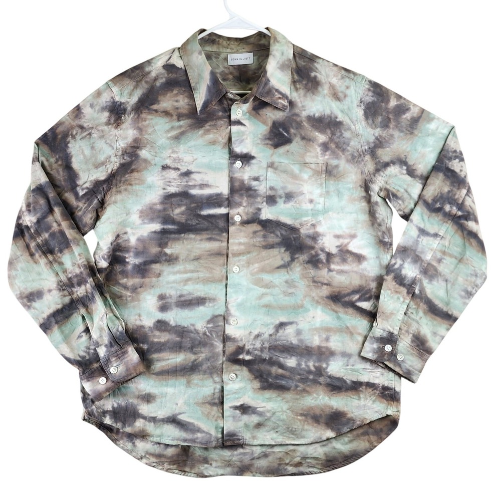 John Elliott Tie Dye Button Down Shirt Mens XL 4 Green Grey Made in Japan Luxury